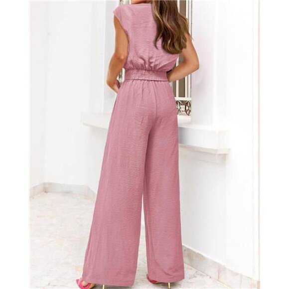 Women’s 2 Piece V-Neck Crop Top & Wide Leg Pants Set - Picture 5 of 5